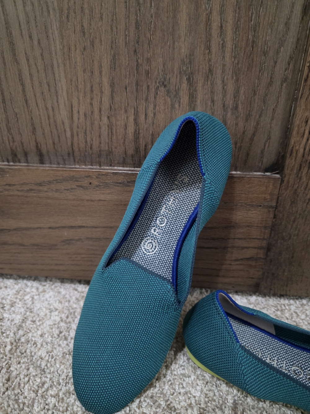 Rothy's Teal Slip-On Flats with Lime Trim - Picture 2 of 5